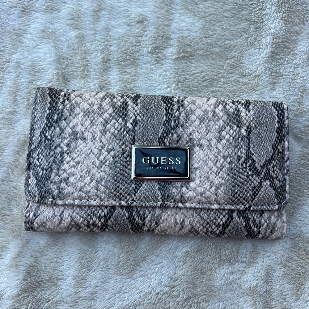 GUESS Black and Gray Snake-Print Foldover Wallet